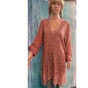 Johnny Was Plus V-Neck Embroidered‎ Tab Sleeve Midi Dress Dusty Rose Size 2X